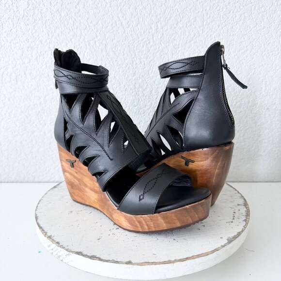 Lane boots Shoes - Lane Boots BECCA Womens Black Wedges 8.5 Western Sandals Cowgirl Wooden Heels